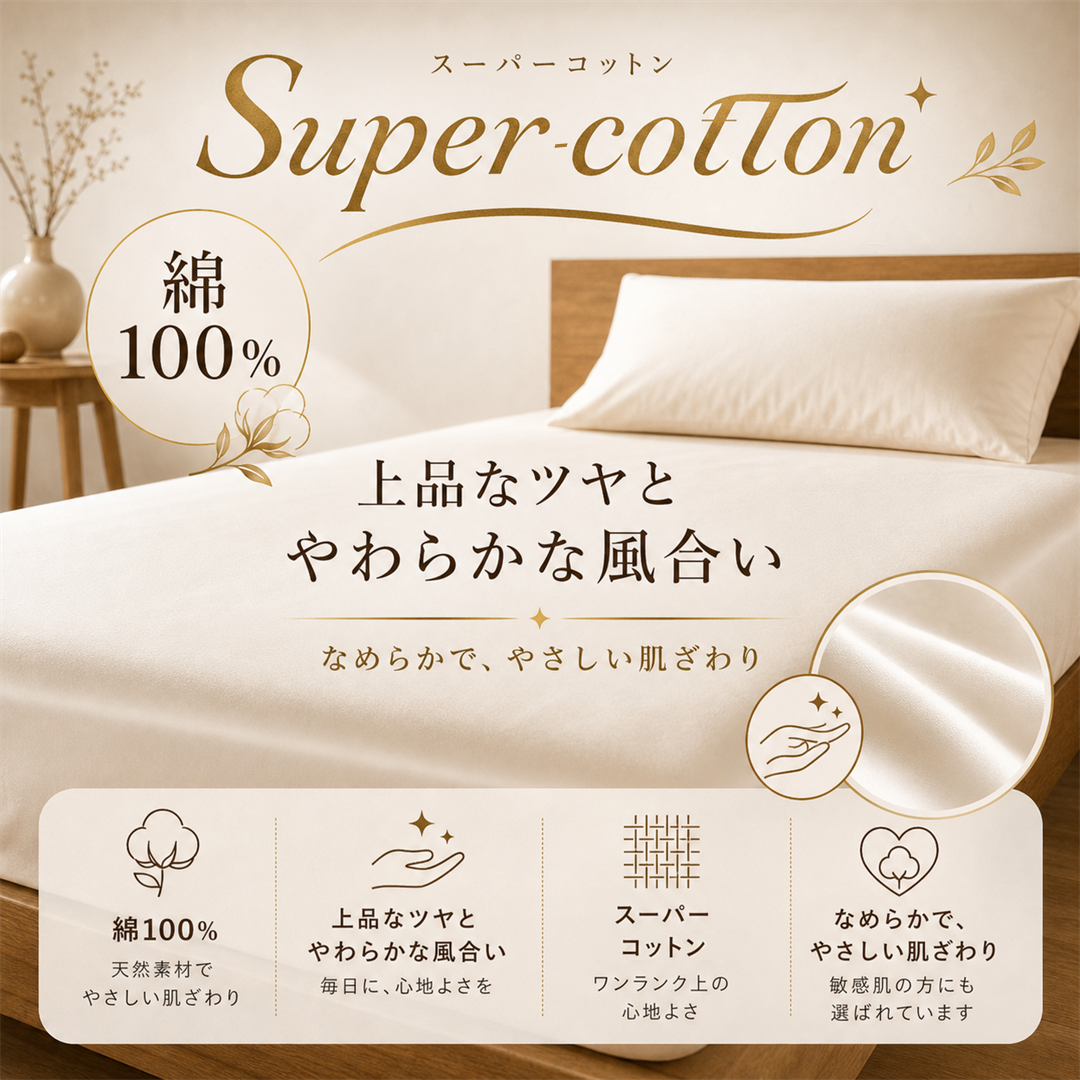 【Super-cotton】日本製 コットン100% ボックスシーツ スーパーコットン加工